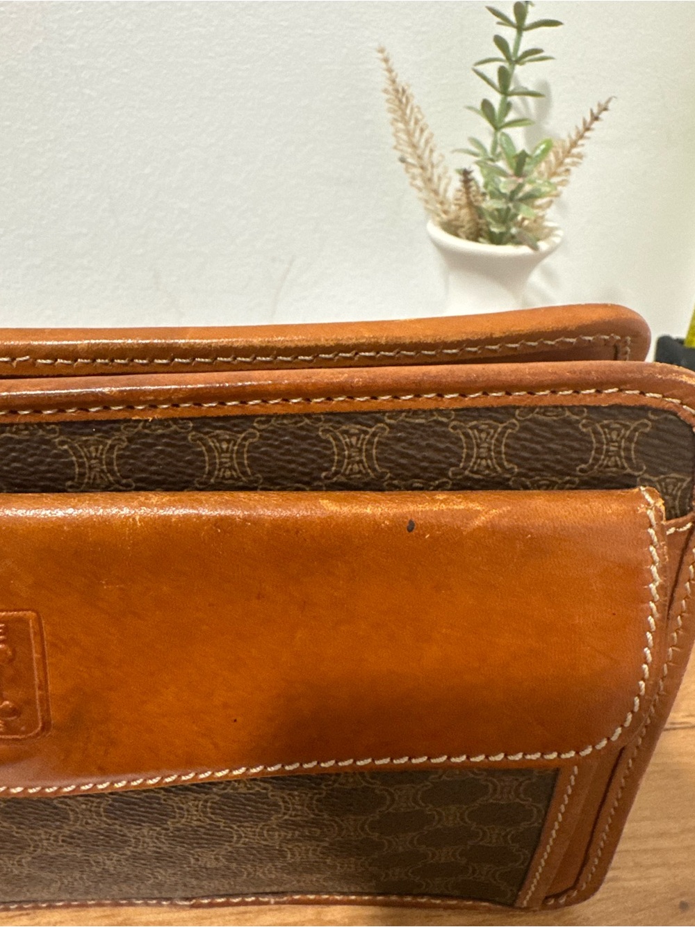 Vintage CELINE Paris Macadam Triomphe Canvas Clutch Bag Brown Leather - Picture 8 of 16